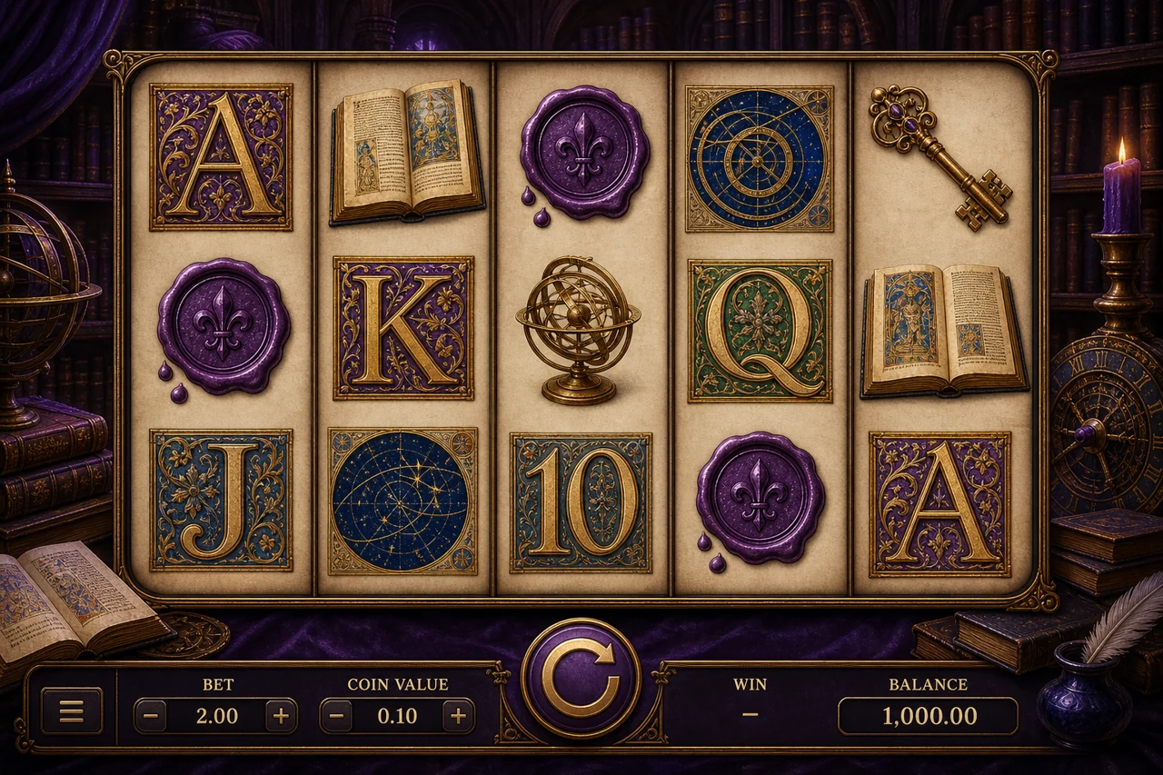 A five-reel Renaissance library slot with illuminated manuscripts, purple wax seals, astronomical charts and ornate keys, realistic dark violet lighting and parchment reels