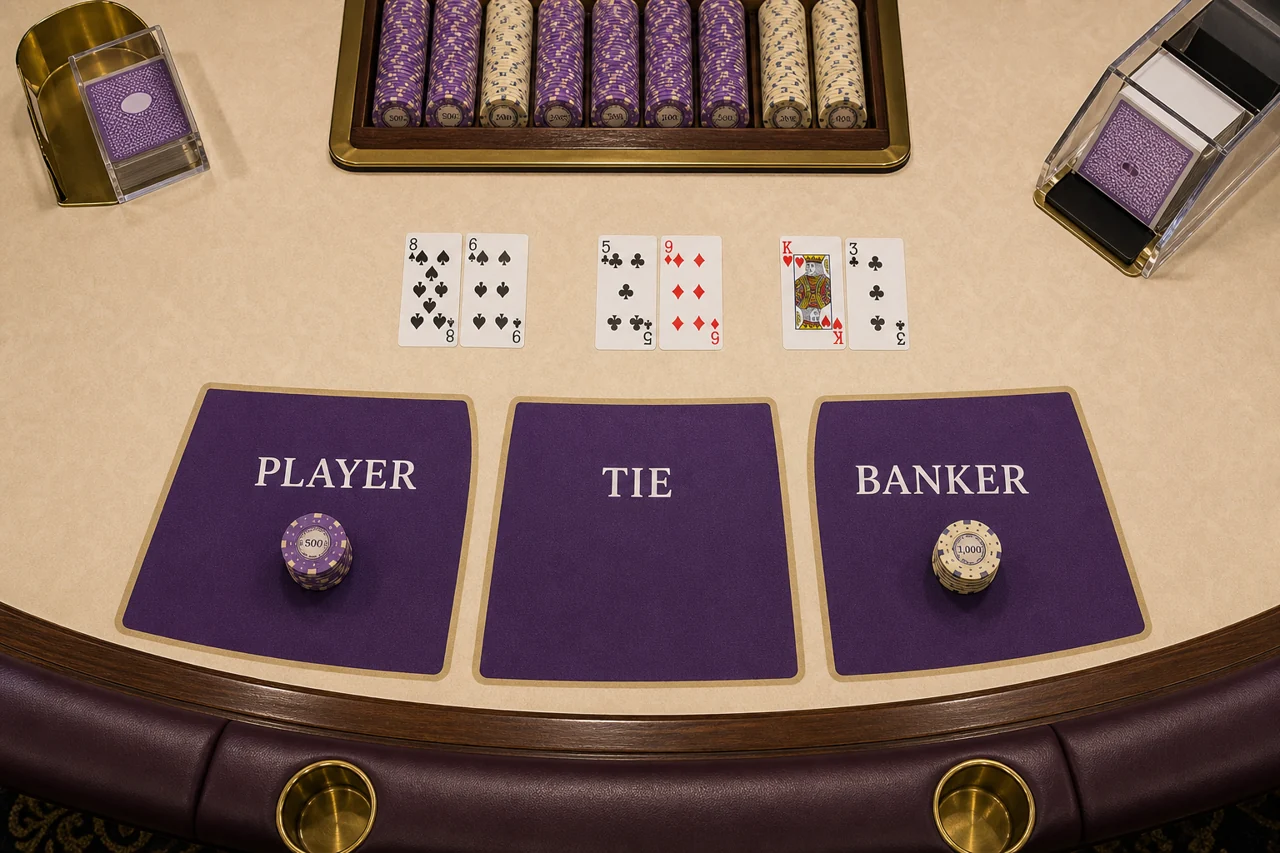 Ivory baccarat felt with violet betting areas PLAYER BANKER TIE, purple and cream chips, exact table equipment overhead photograph