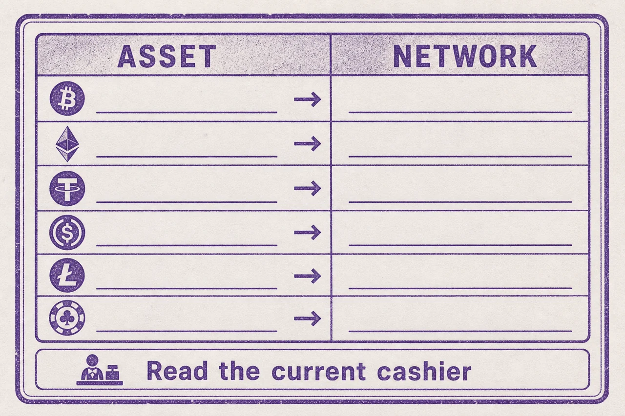 A network and asset matching worksheet, two clear column headings "ASSET" and "NETWORK", bottom "Read the current cashier"