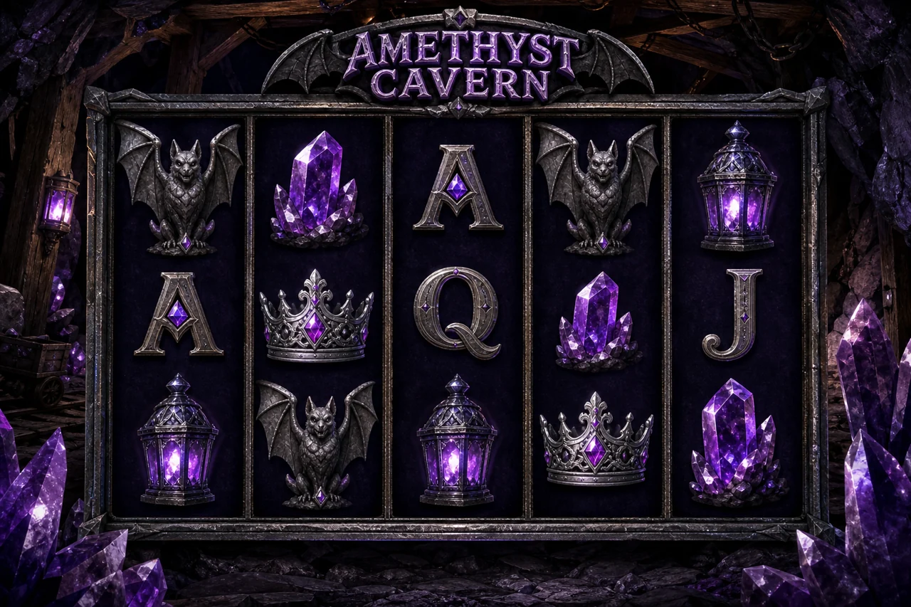 Five-reel amethyst cavern slot featuring carved stone bats, crystal lanterns and silver crowns, dark textured mine and violet reflections, realistic premium gaming art
