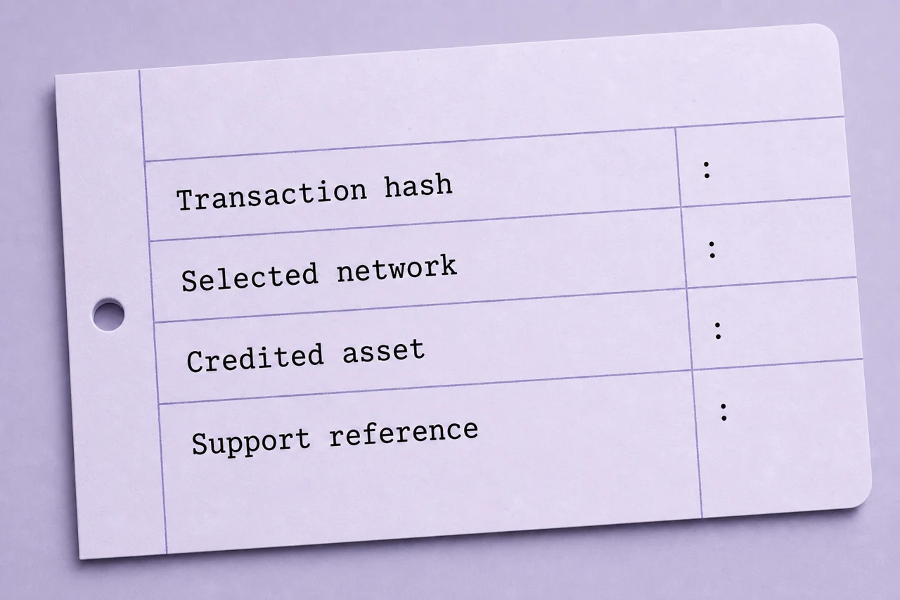 A pending deposit record with labels "Transaction hash", "Selected network", "Credited asset", "Support reference"